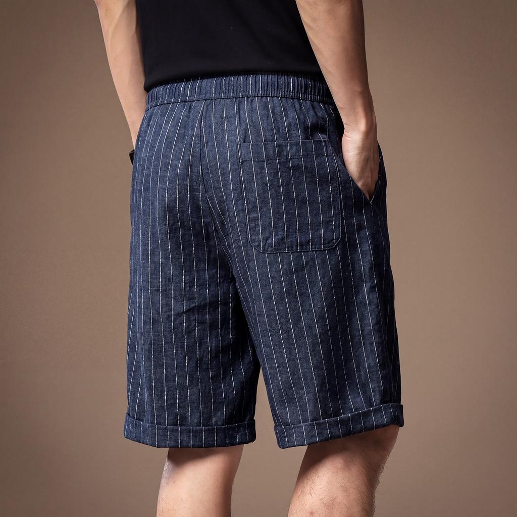 Hochwertige amerikanische Leinen atmungsaktive gestreifte lockere lässige Shorts Herren Sommer dünne Baumwolle und Leinen hautfreundlich trendige Fünf-Punkt-Hosen