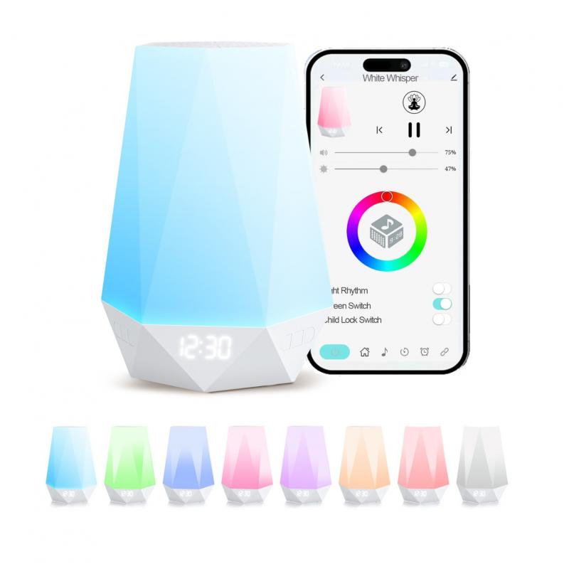 Digital display white noise sleep aid with wireless remote control and app functionality Featuring a diamond-inspired design