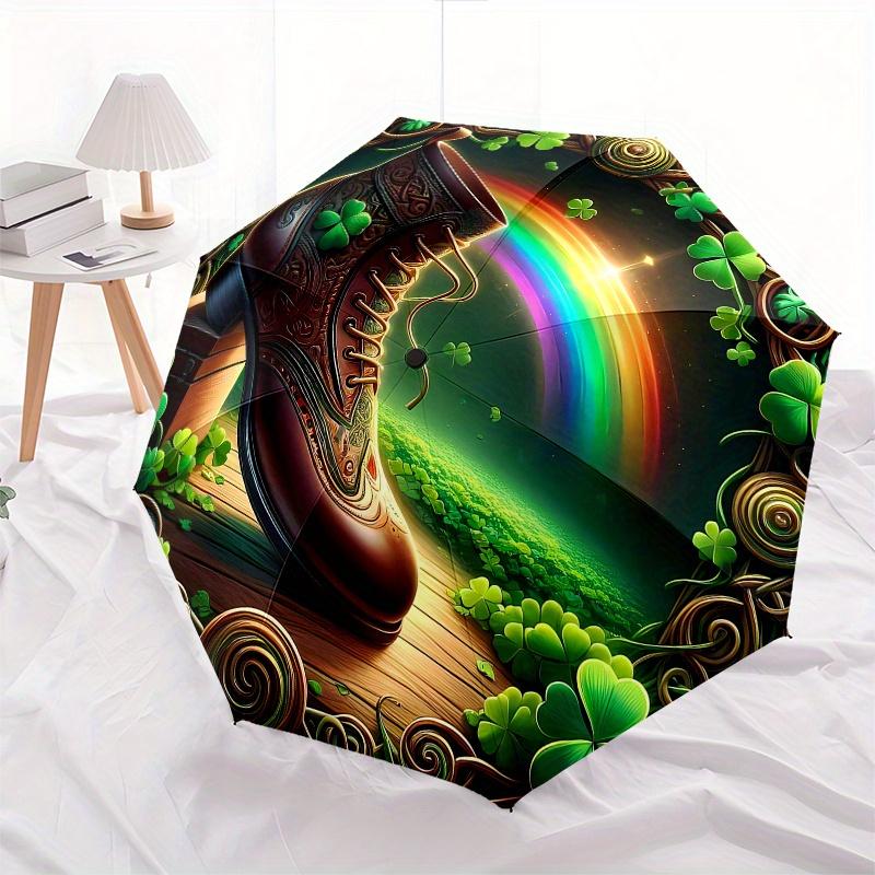Irish Luck: Four-Leaf Clover Embroidered Boot Decor Umbrella, Cute Umbrella with Cute Design, Portable 3-Fold Compact Umbrella for Men & Women, Valent