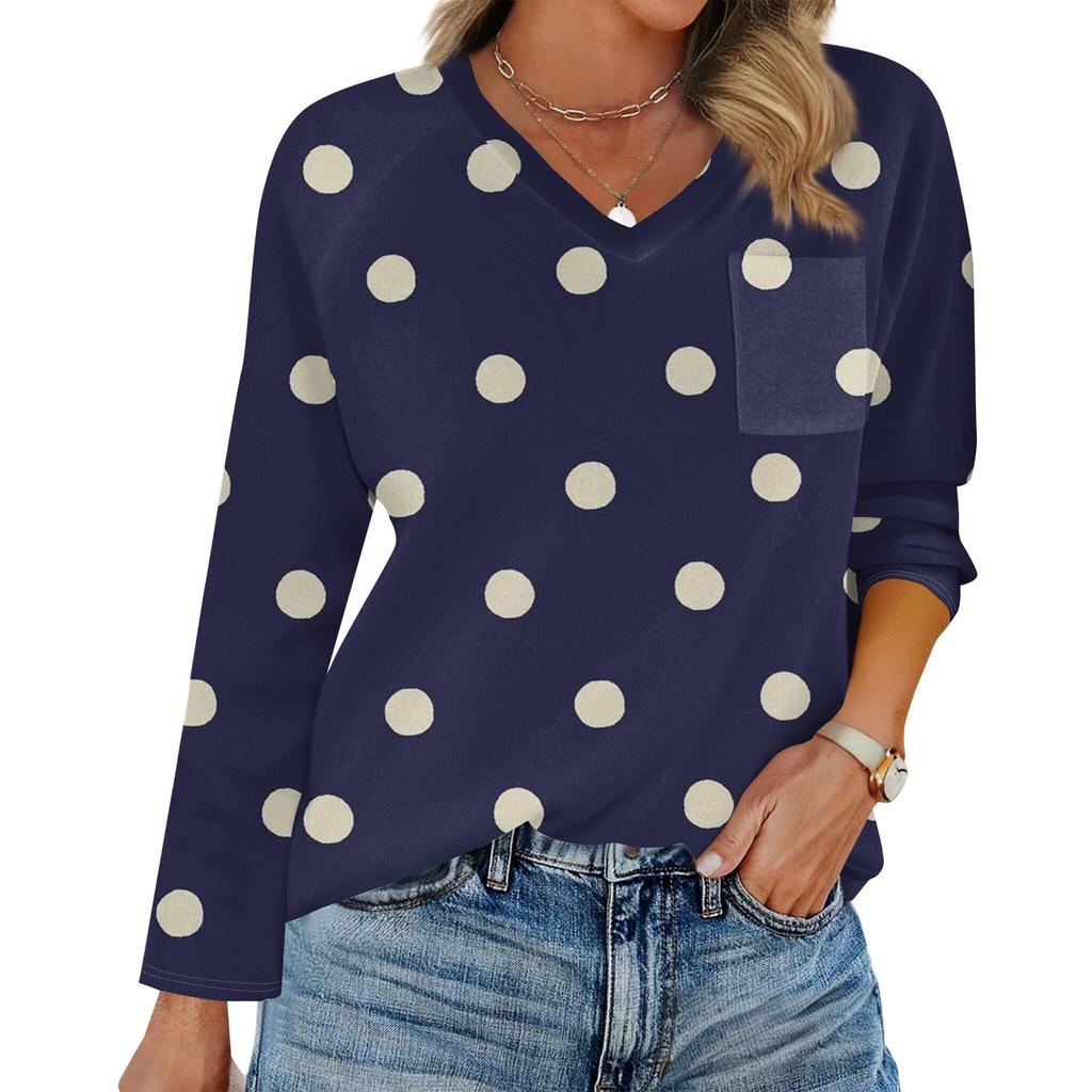 Women's Raglan Long Sleeve V-Neck T-Shirt Splicing Solid Color Casual Top Pullover V-Neck Pocket Bottoming Shirt