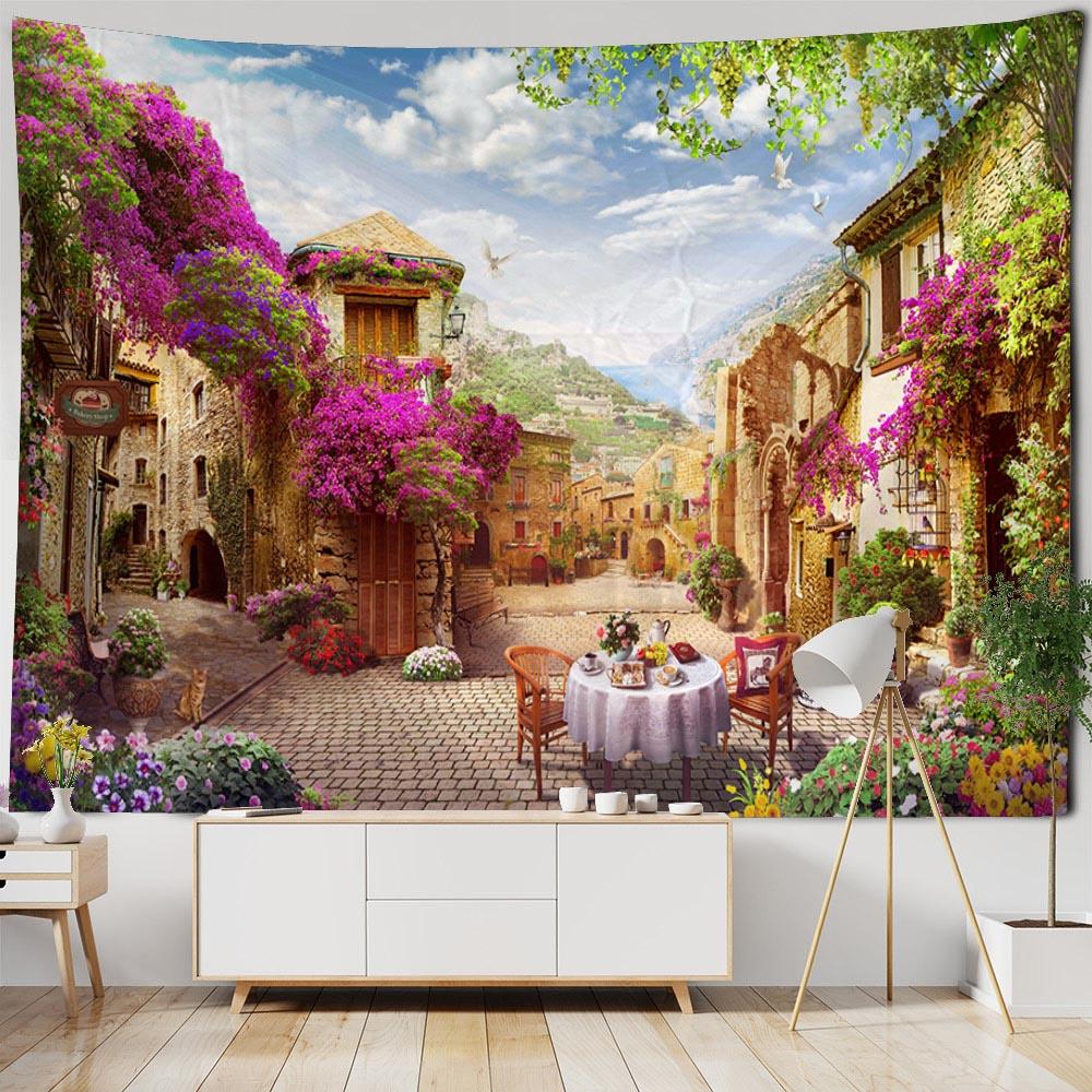 Sea view oil painting tapestry, European style landscape printing background cloth, bedroom, living room wall decoration
