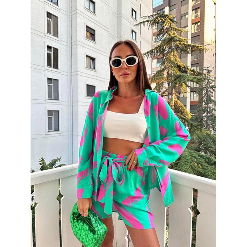 European and American Style Shirt Set for Women,-Border Elastic Waist Tie Large Size Shirt and Shorts Two-Piece Set for Summer