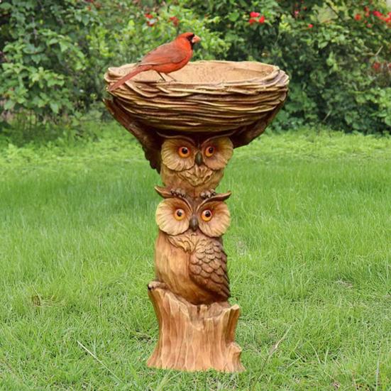 Garden Bird Bath Bowl Outdoor Raccoon/Sunflower/Cat/Owl Statue Resin Tree Stump Bird Feeder Fountains for Backyard Patio Lawn Decor