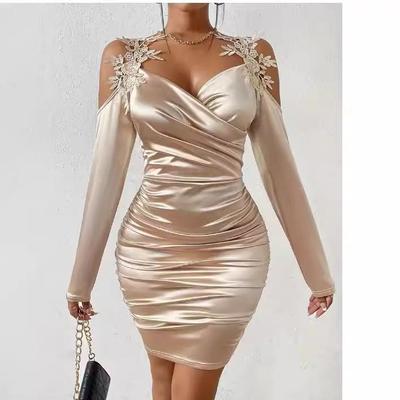 2025 Elegante Kanten Satijnen Bodycon Jurk met Geplooide Rok voor Lente en Herfst
