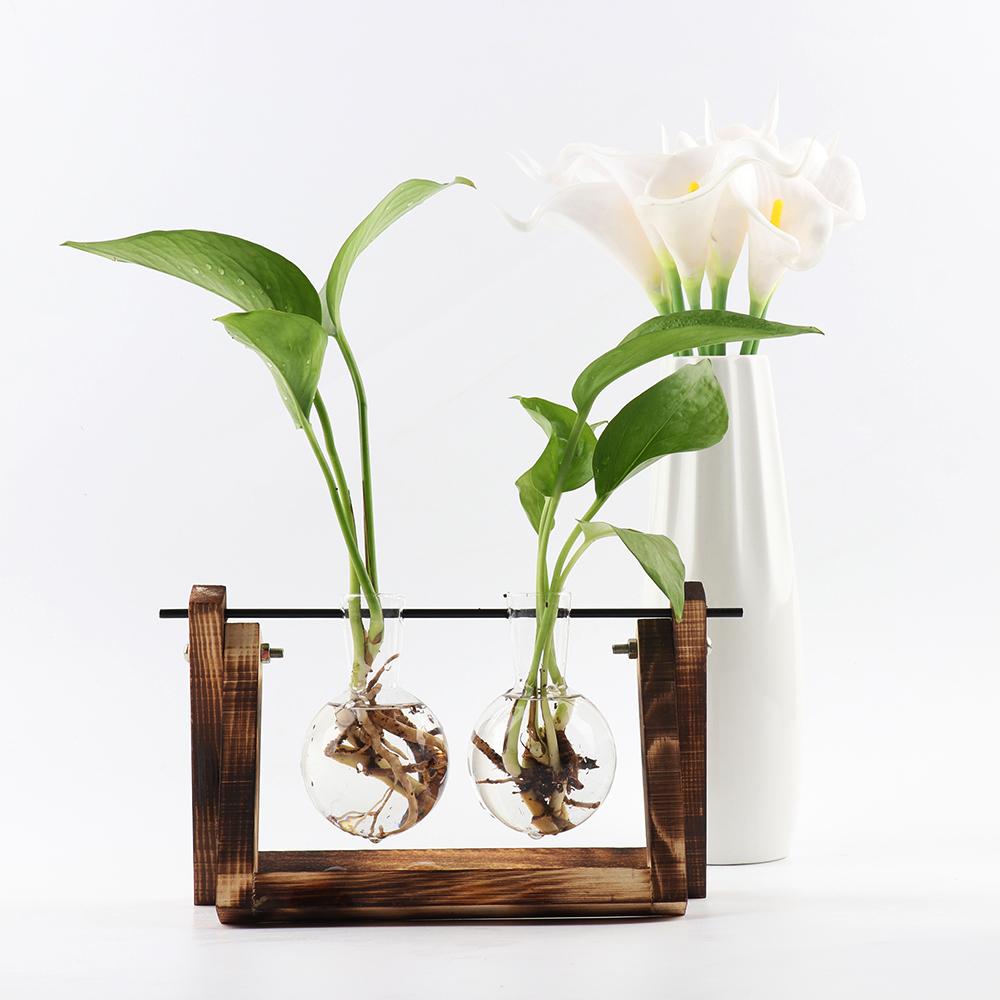 Vintage Glass Vase Transparent Hydroponic Plant Vase with with Wooden Stand for Tabletop Home Decor
