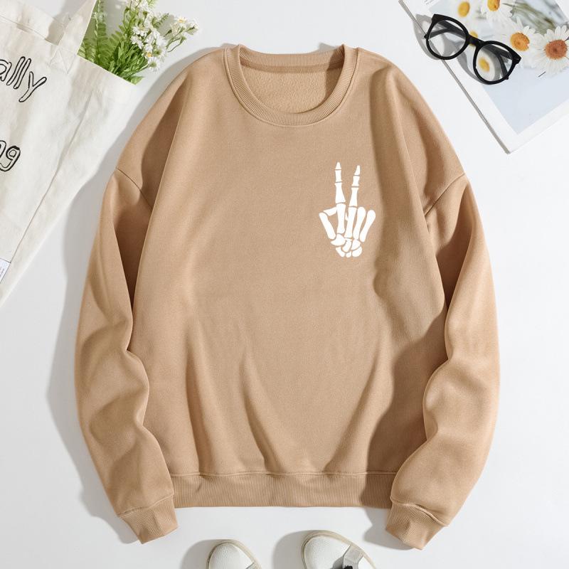 European & American Women's Loose-Fit Skull Hoodie - Plus Velvet, Long Sleeve, Round Neck