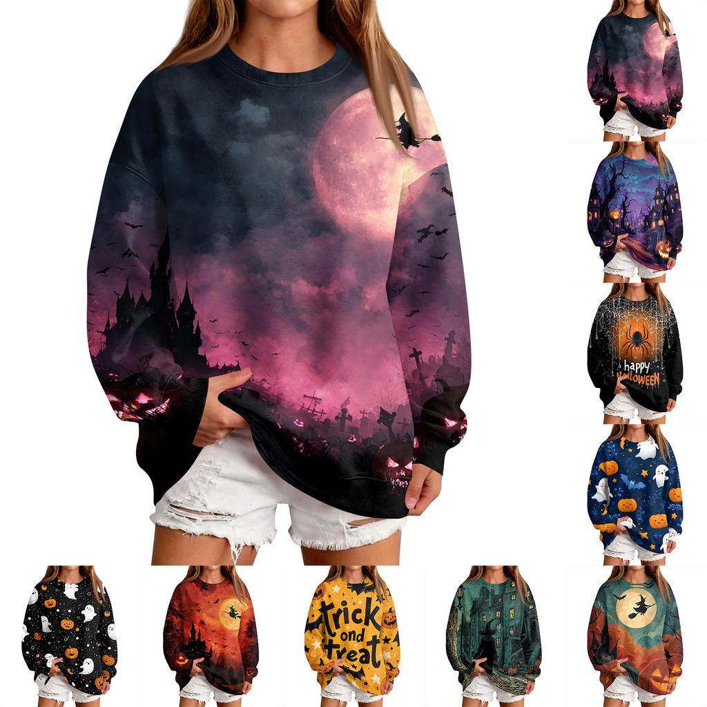 Women's Casual Round Neck Sweatshirt with Halloween Print, Long Sleeve Pullover for Festivals