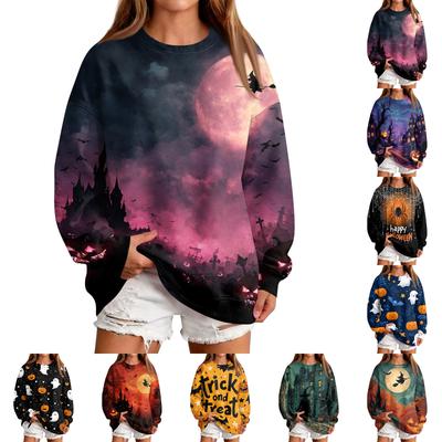 Women's Casual Round Neck Sweatshirt with Halloween Print, Long Sleeve Pullover for Festivals
