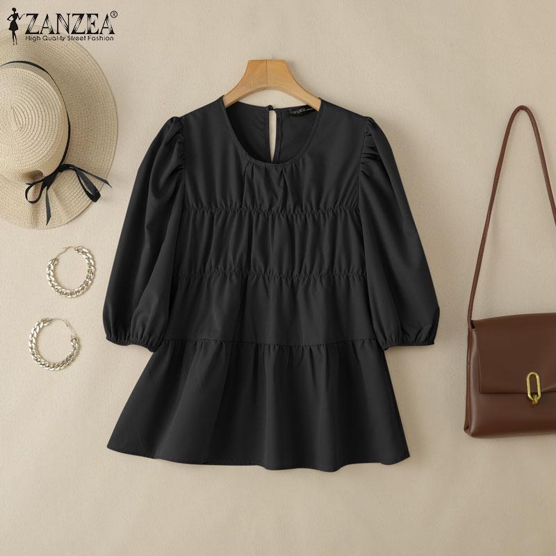 ZANZEA Kvinner Casual rund hals ensfarget løs kortermet bluse