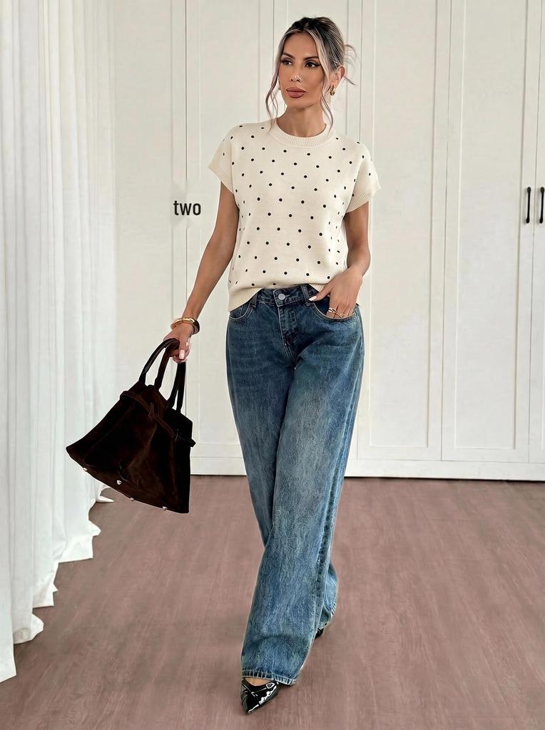 2026 Autumn Women's Polka Dot Knit T-Shirt: Round Neck, Short Sleeve, Loose Fit Sweater Style