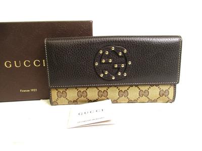 Autentisk GUCCI Beige GG Belagt Lærred Mørkebrun Læder Flap Wallet #a997 Åben kasse