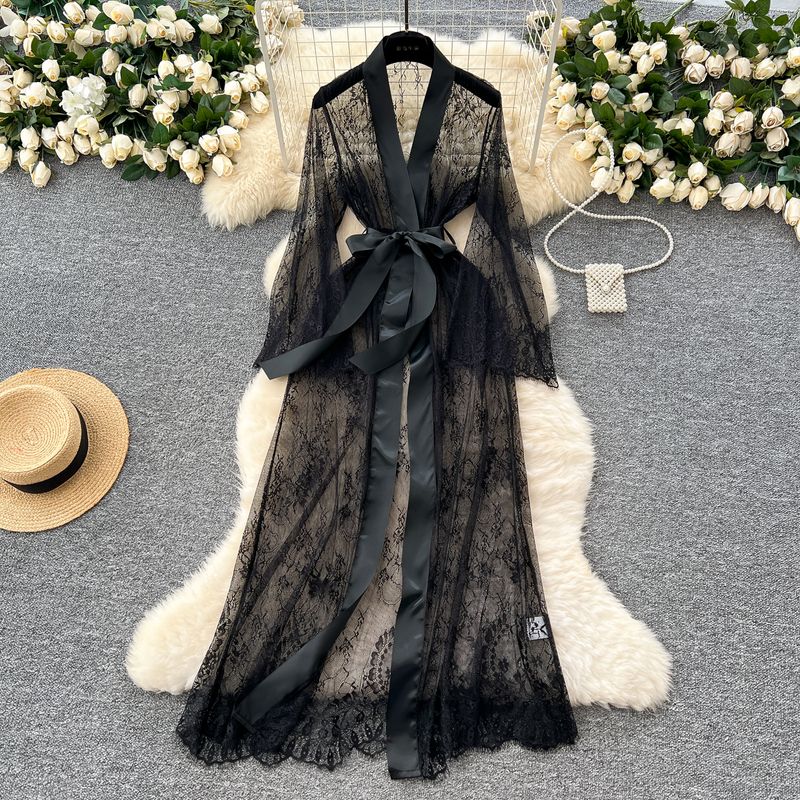 

Сексуальная элегантность Тонкое кейп-пижама Женский халат 2024 Бант Завязка Приталенная талия Расклешенный рукав Кружевной верх Black L