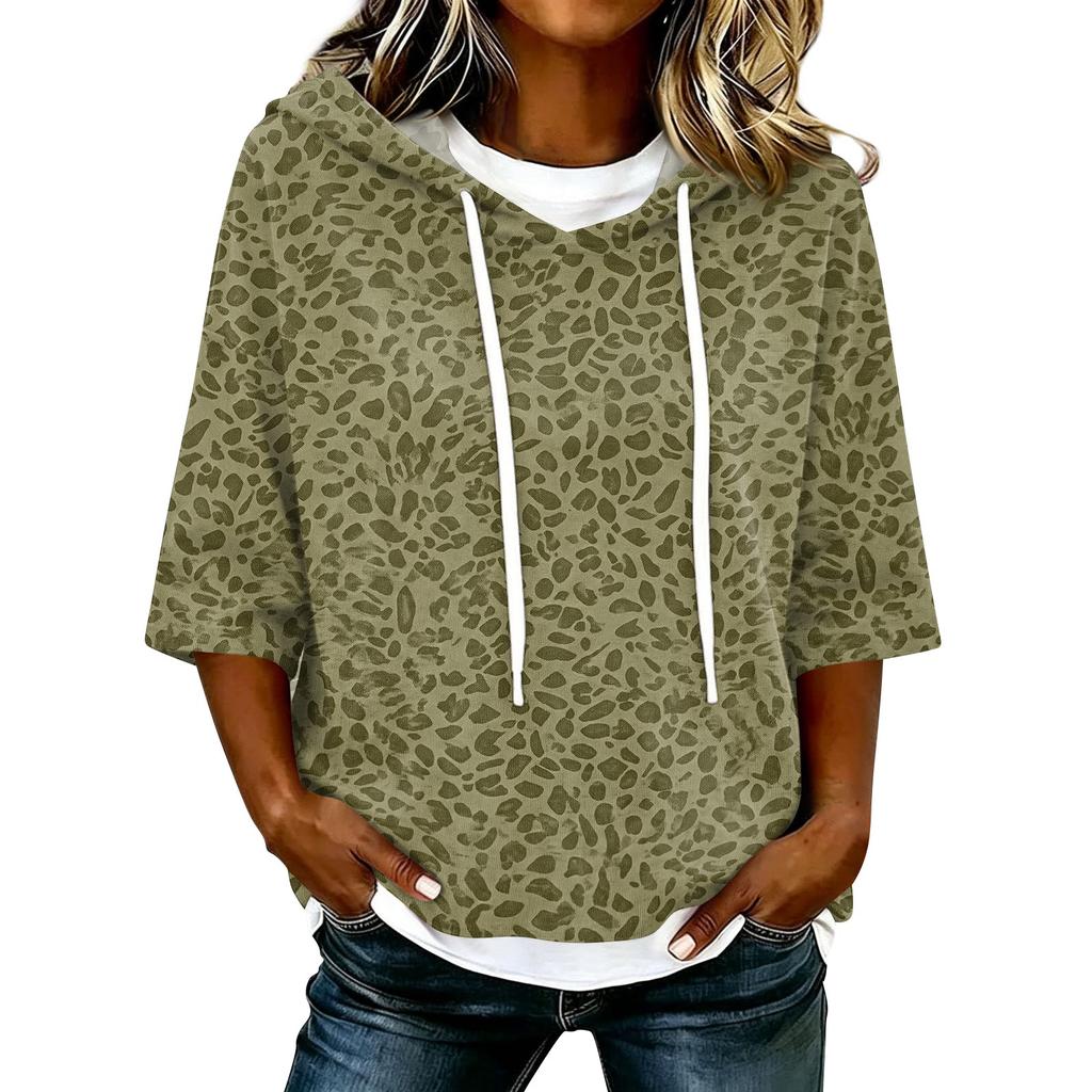 Damenmode Lässig 3/4 Ärmel Leopardenmuster Kapuzen-T-Shirt für den Alltag