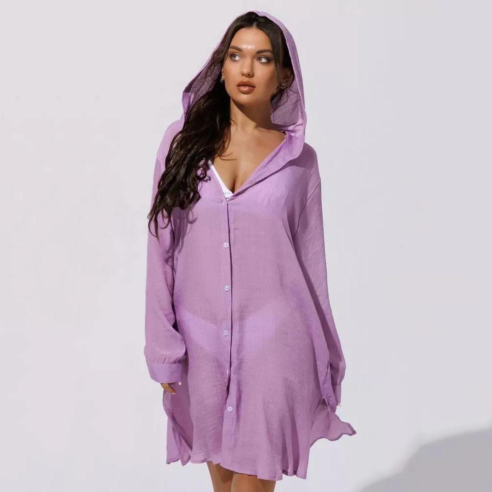 Solid Color Button Down Tunic Dress Long Sleeve Blouse Tops Beach Bikini Cover-up  Vacation Outfit