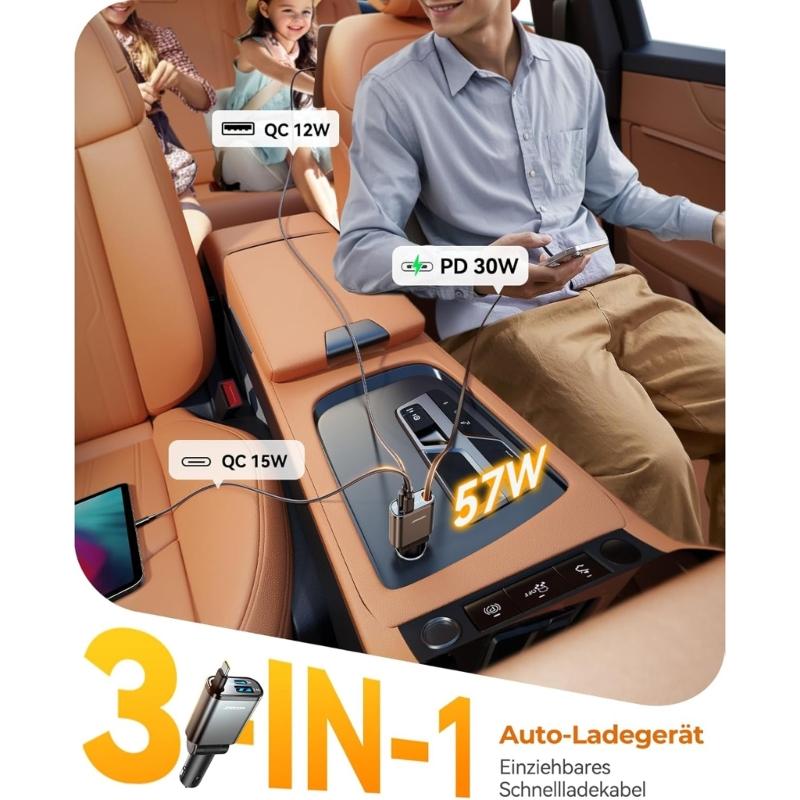 Very Small Retractable USB C Car Chargers 45W 3 In 1 Adapter High Speed Vehicle Chargers Small Car Chargers for Locate