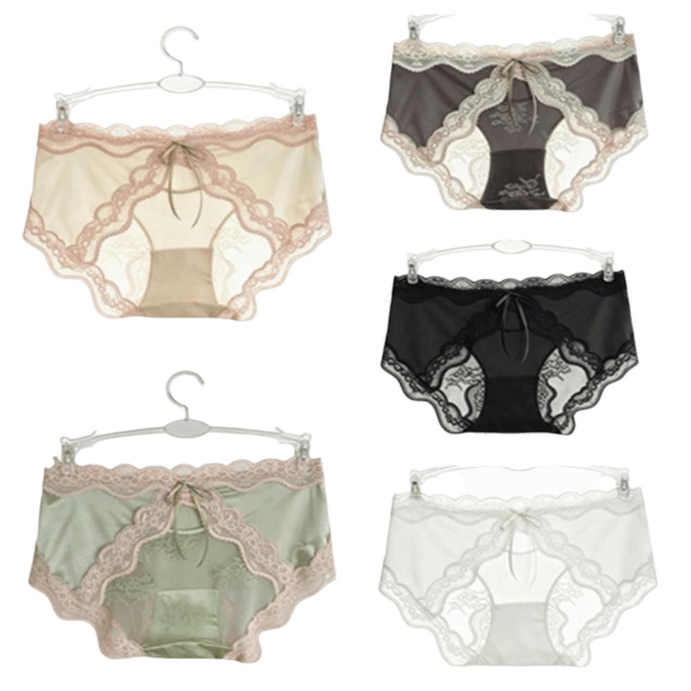 Panty Mid Waist Lace Satin Panties Mesh Sweet Bow Briefs Patchwork Invisible Underwear For Women Women