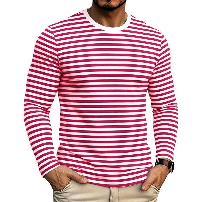 Men Crew Neck Blue White Horizontal Striped Slim Fit Long Sleeve T Shirt