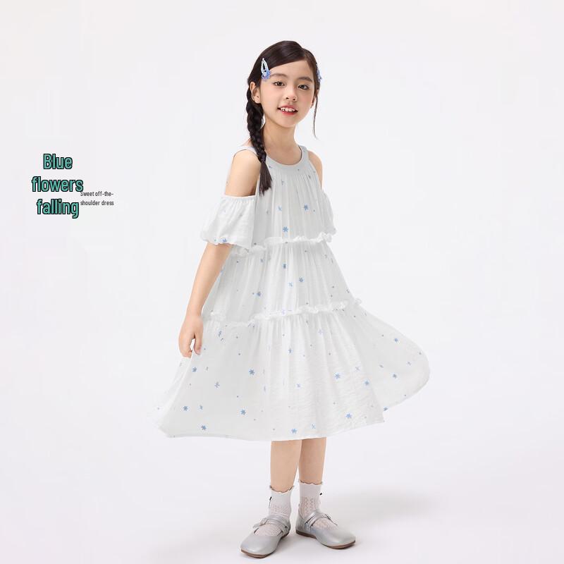 

Xiaoyinnan Girls Blue Floral Halter Off-Shoulder A-Line Dress 110