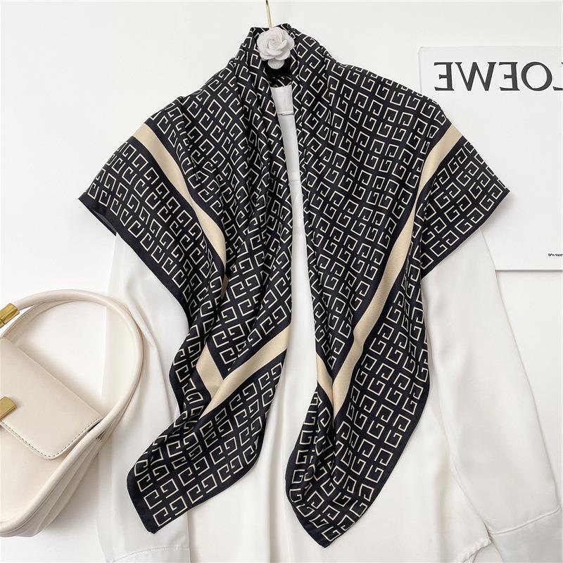 Light luxury temperament silk scarf women's new large square scarf twill silk 91cm travel shawl geometric color matching simple scarf new