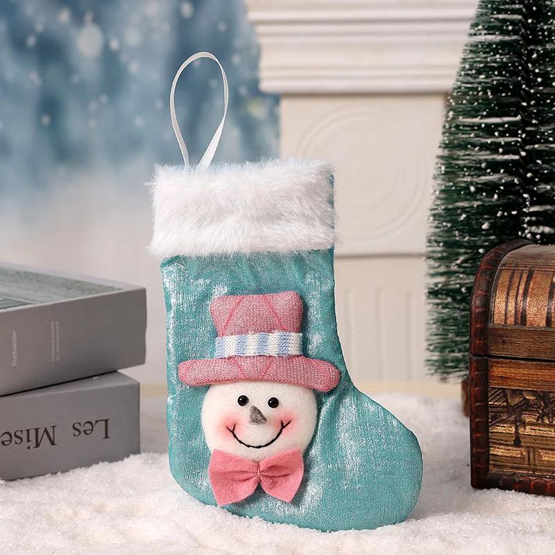 1pc Blue/Pink Christmas Stocking, Stocking Decorated With Santa Claus, Snowman And Elk Head, Plush Stocking With A Cuff