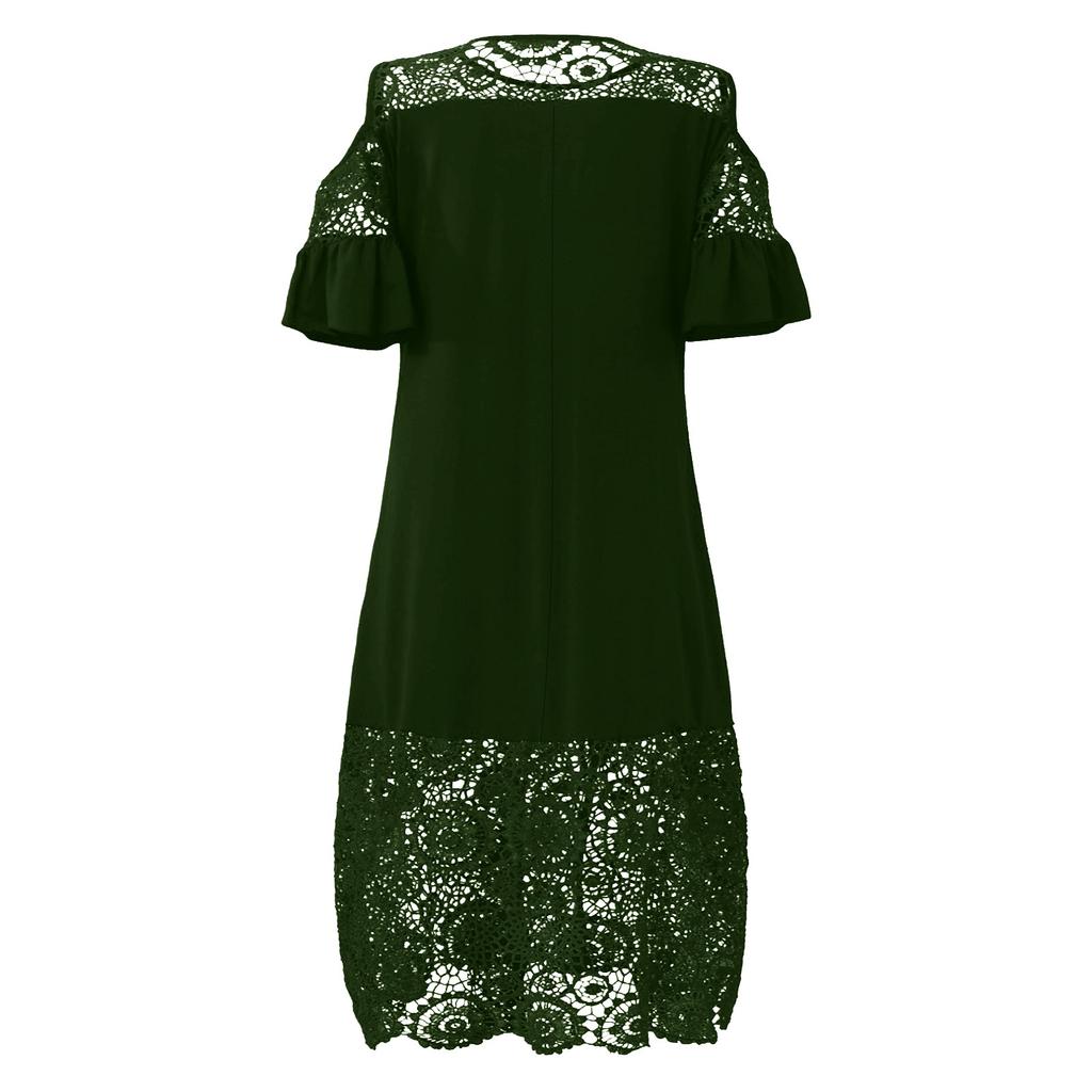 Fashion Womens Lace Stitching Ruffle Short-Sleeved Strapless Sheath Dress