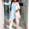 Women Plus Size Three Quarter Sleeve Round Neck Irregular Hem Printed Top Wide Leg Pants Two Piece Set