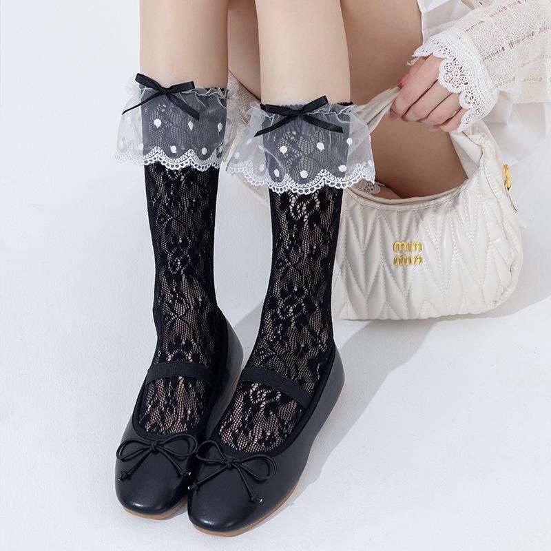 Lace Lace Socks for Women Spring and Summer, Thin Pile Socks, Lolita Rose Ballet-style Bow Stockings