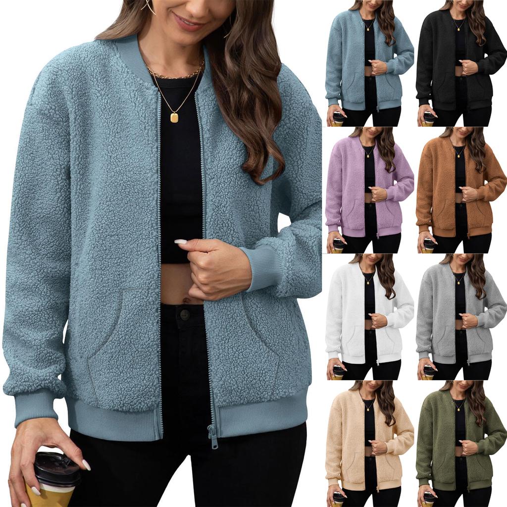 Women's Fashionable Solid Color Long Sleeved Zipper Jacket, Baseball Stand Up Collar Pocket Casual Jacket