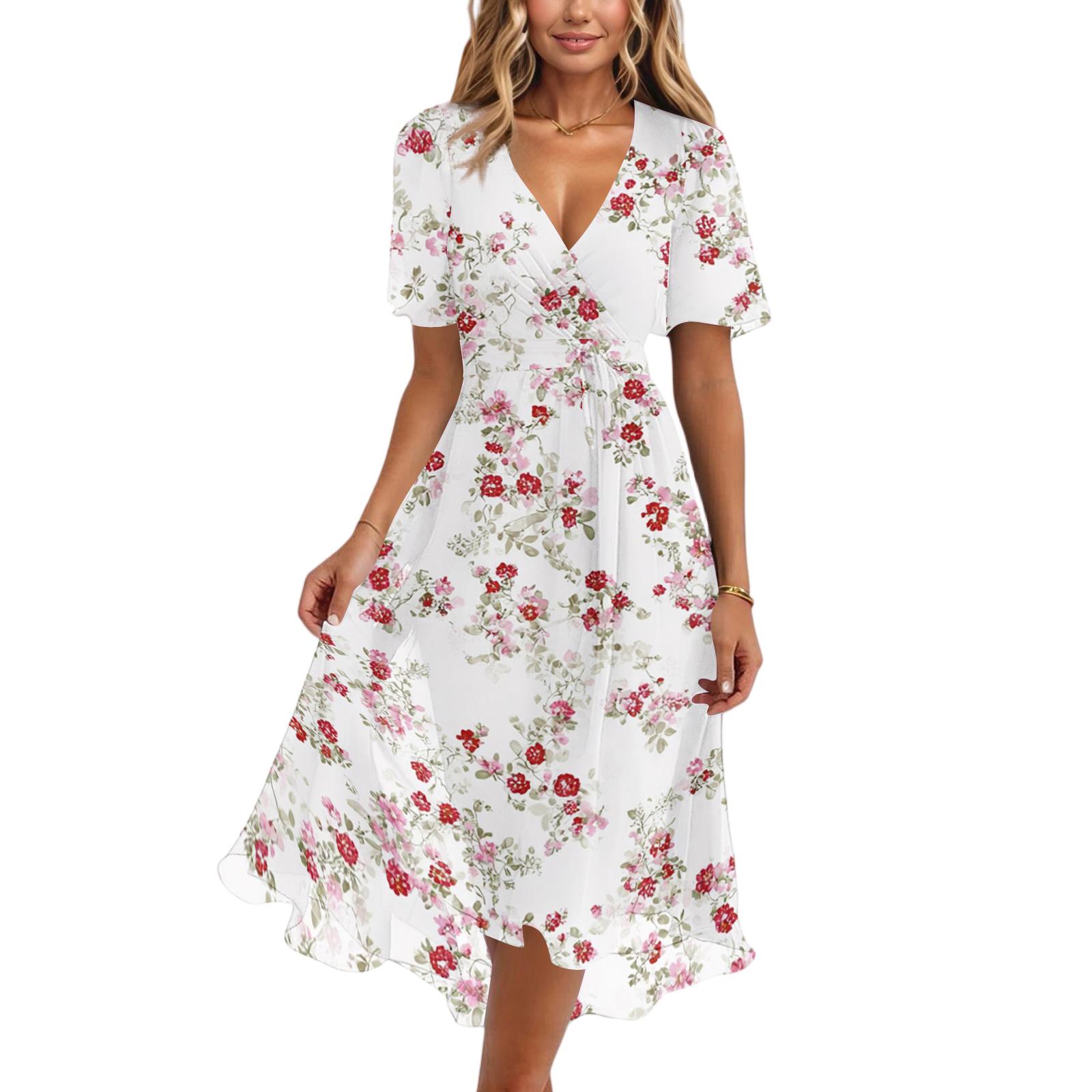 

Women s fashion casual V-neck short sleeve printed dress XL червоний