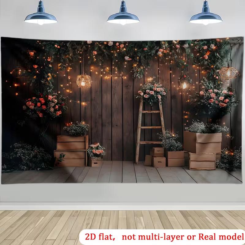 

2D Romantic Dark Wooden Background with Flowers & Fairy Lights 47.2x31.5inch/120*80cm