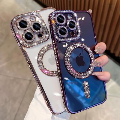 Capa de telefone com strass brilhantes de alta qualidade para iPhone 15 11 12 13 14 Pro Max Plus Magsafe capa protetora de lente magnética transparente para meninas