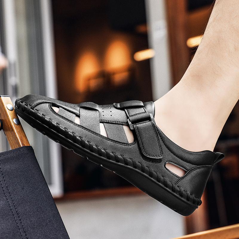 Fashion Handmade Sewing Mens Casual Shoes High Street Hollow Out Genuine Leather Gladiator Sandals Summer Platform Beach Shoes Male