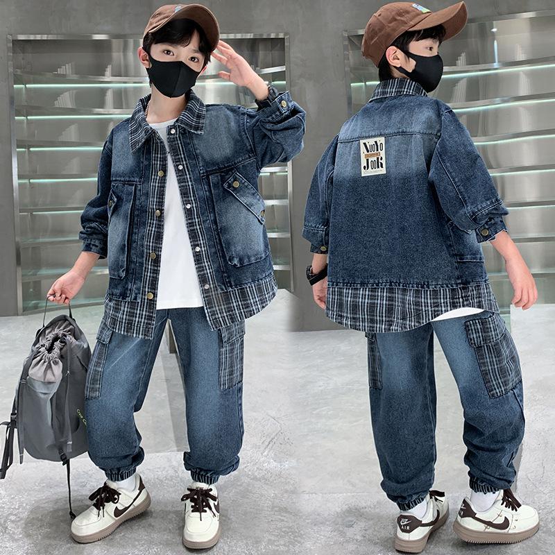 

Модный клетчатый джинсовый комплект для мальчиков: Весна/Осень Корейский стиль 2025, Эффект двойки для детей среднего и старшего возраста 170
