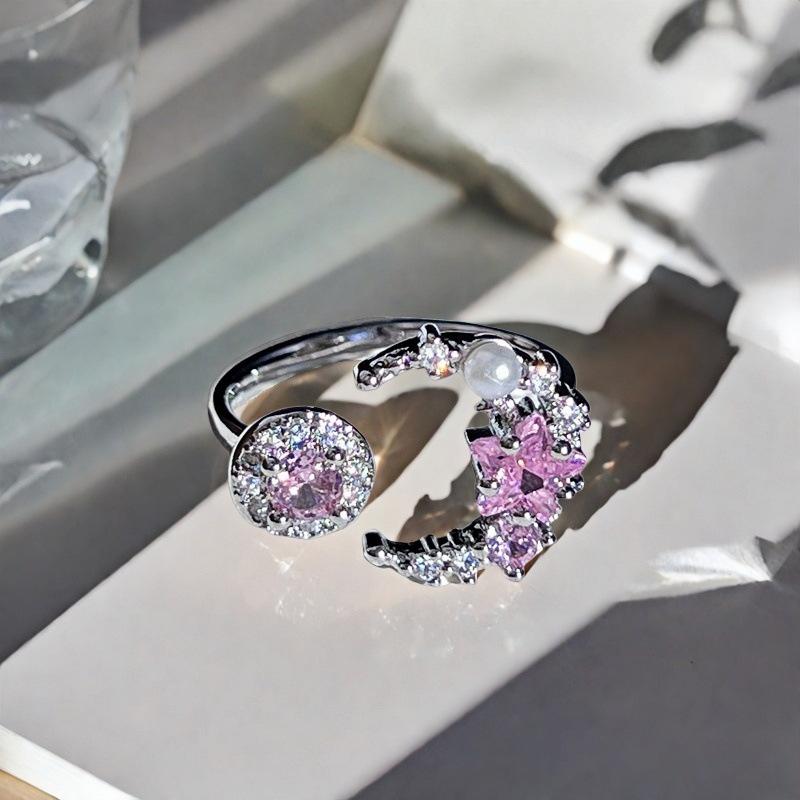 Niche Design Blue Love Zircon Fishtail Open Ring Light Luxury High Sense Pink Star Crescent Ring Woman