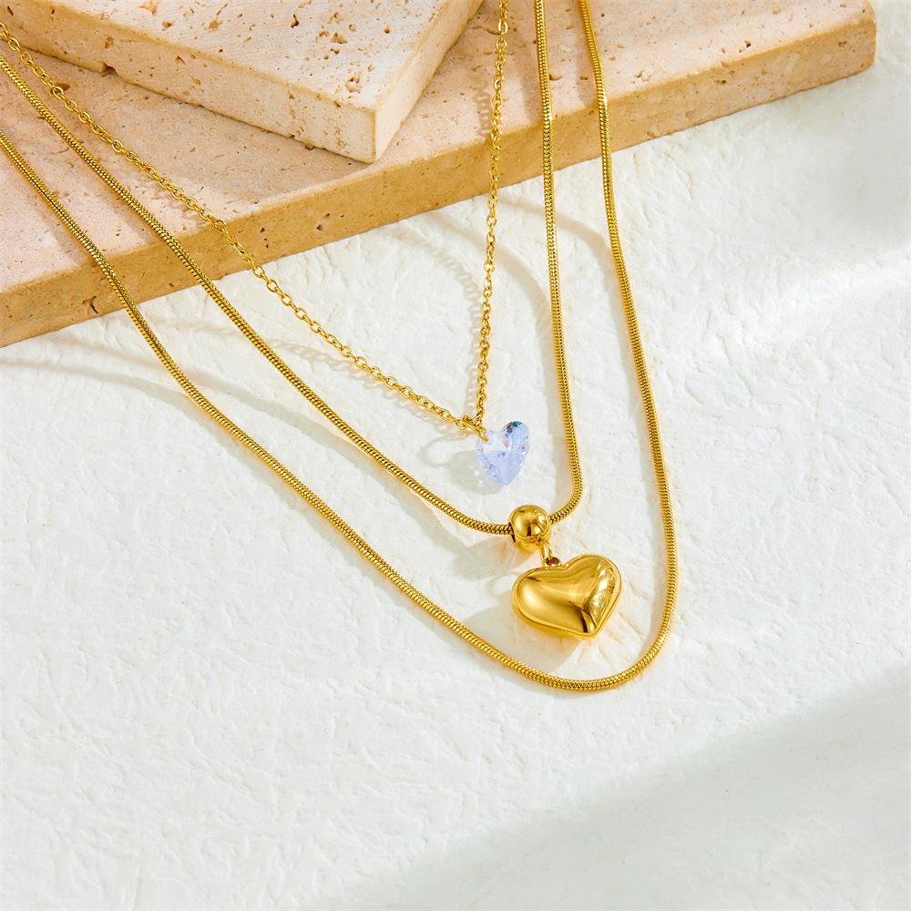 Stainless Steel Double Layer Heart Necklace Snake Chain Crystal Pendant Hypoallergenic Y2K Jewelry