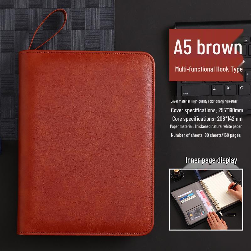 Customizable A5 PU Leather Notebook with Logo, Zipper Storage, and Loose-leaf Pages for Business Meetings