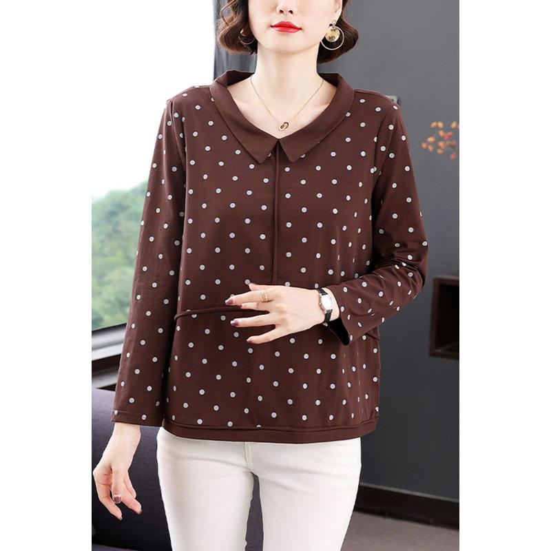Autumn Pure Cotton Long-sleeved T-shirt for Middle-aged Mothers  Polka-dot Doll Collar Top Loose Bottoming Shirt