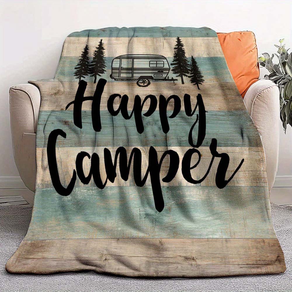 1pc Rustic Happy Camper Wood Grain Pattern Flannel Blanket for Camping Home Decor