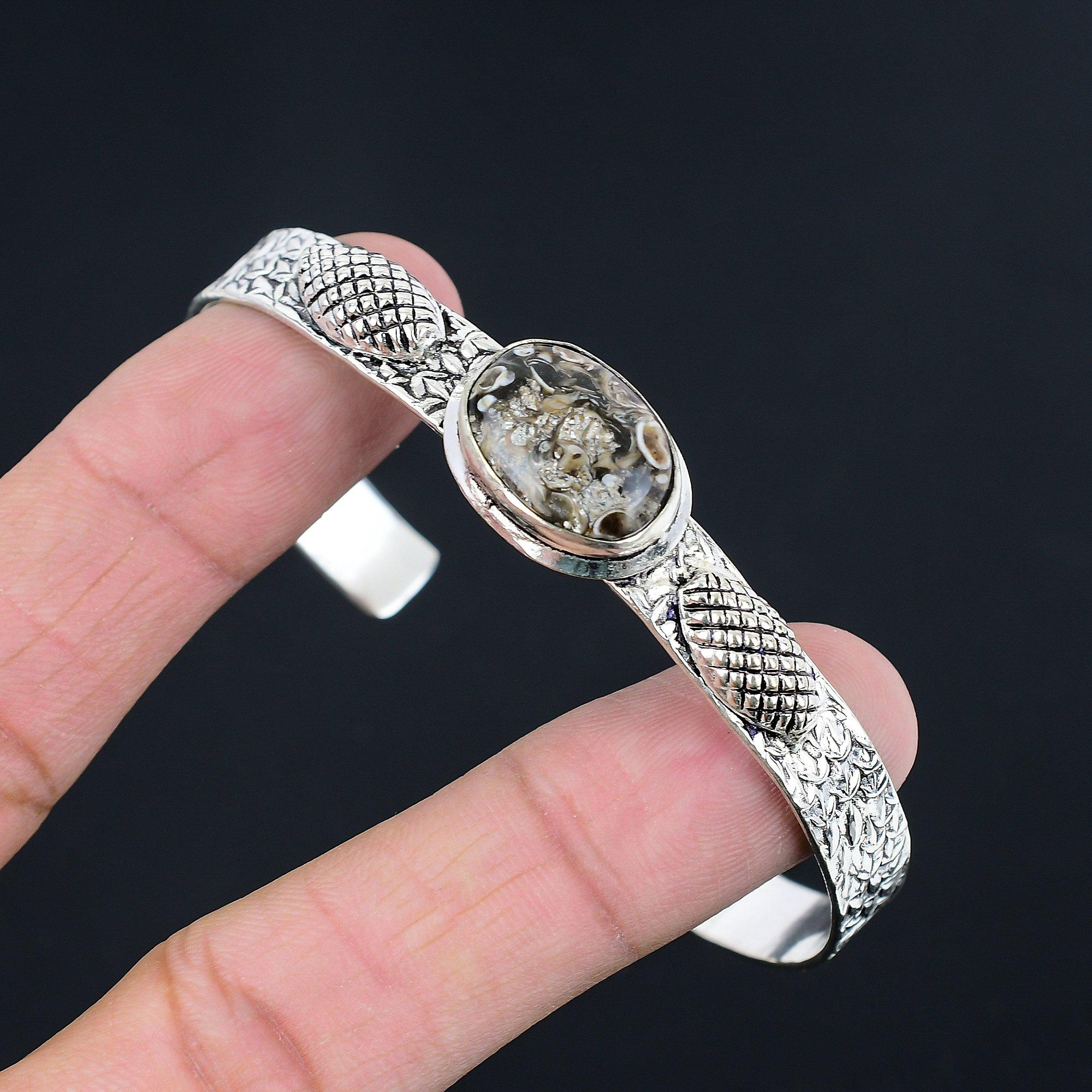 

Oval Turritella Agate Stone 925 Sterling Silver Wife Trendy Boho Bangle Jewelry Adjustable