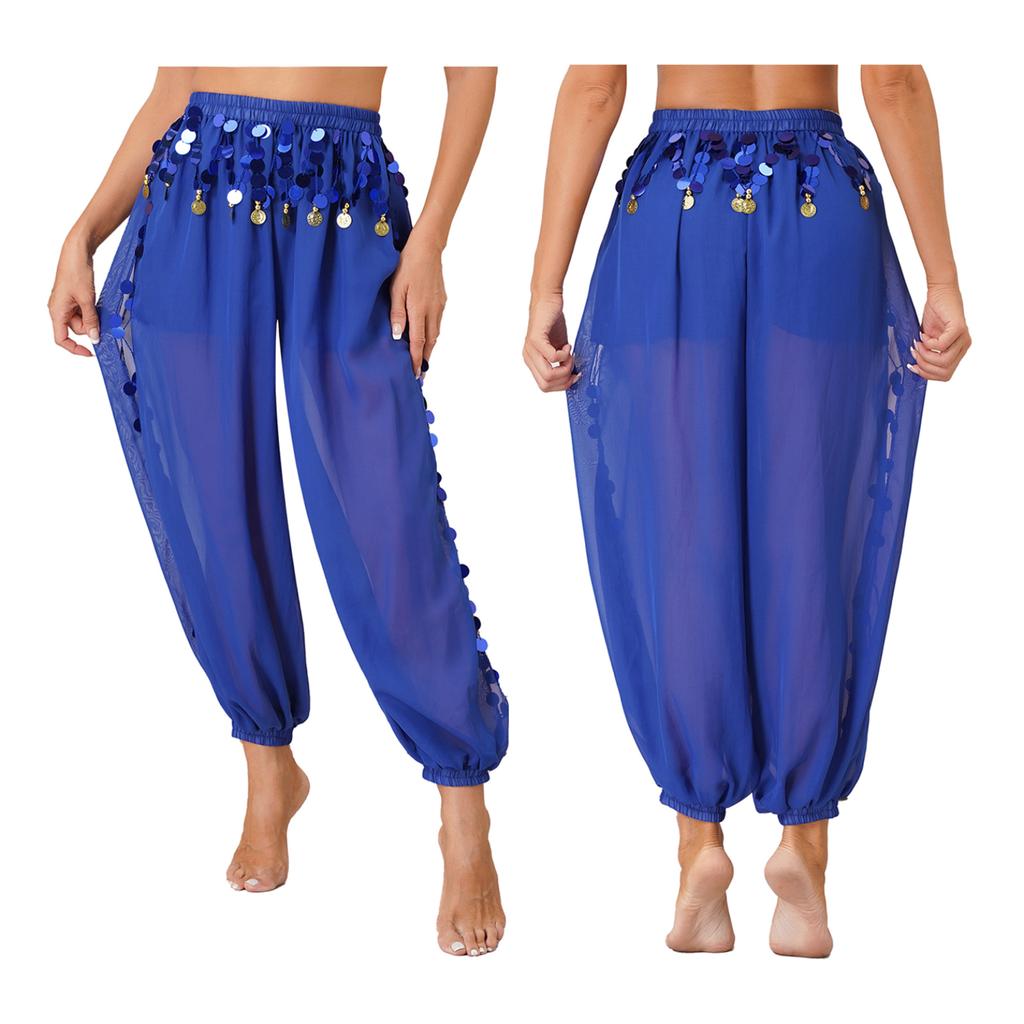 Bauchtanz-Kostüm für Damen, Laternenhose, seitlich geteilte Pailletten, glänzende Haremshose, arabische Halloween-Hose