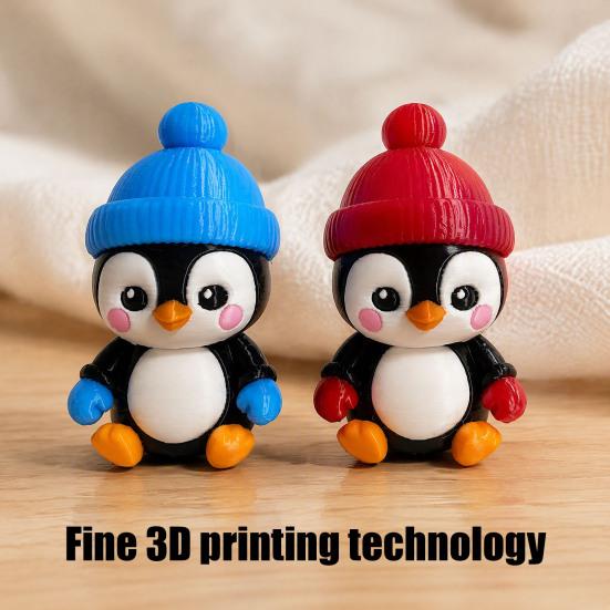 Small Penguin Figurine Cute with Knit Hat, 3D Printed Cartoon Holiday Gift for Friends Animal Statue Christmas Desktop Ornament, Car Dashboard