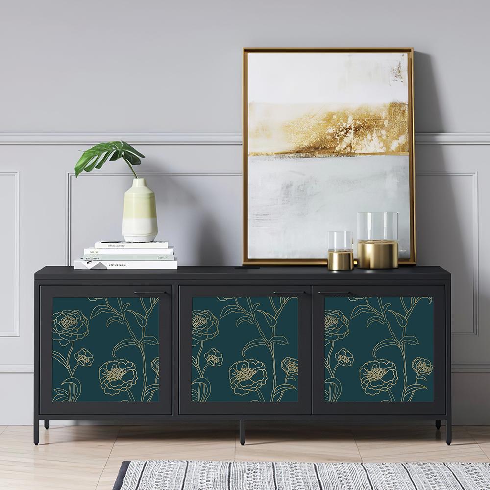 Gold Line Floral Peel And Stick Wallpaper Dark Blue Self Adhesive Waterproof Wallpaper Removable Bathroom Kitchen Contact Paper