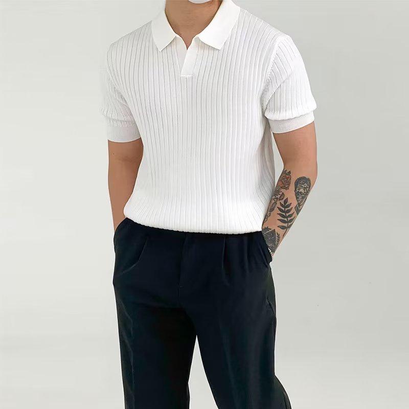 Striped Summer Knit Elastic Polo - Loose Fit Short Sleeve Shirt
