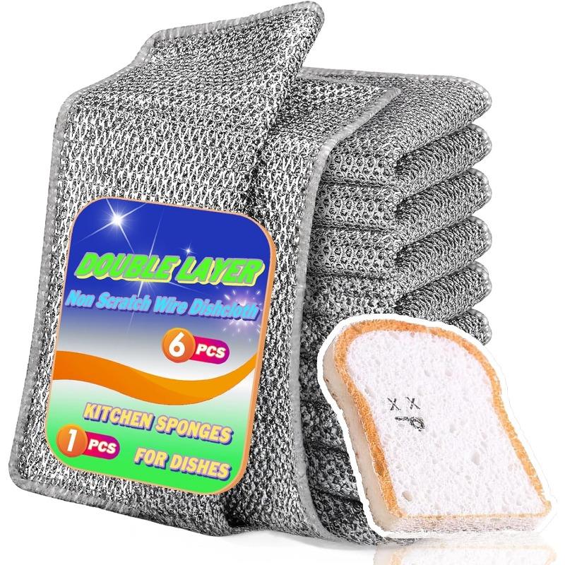 

Non Scratch Wire Dish Cloth 6 Pack with 1pcs Kitchen Sponges 6+1 серый
