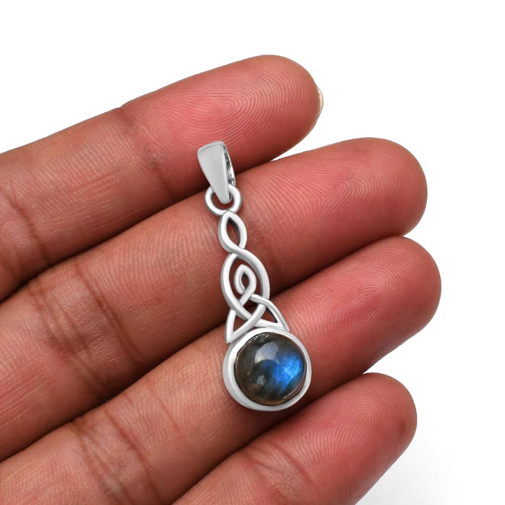 Natural Labradorite 10mm Round Gemstone Celtic Knot Triquetra Pendant 925 Sterling Silver Pendant For Women & Girls