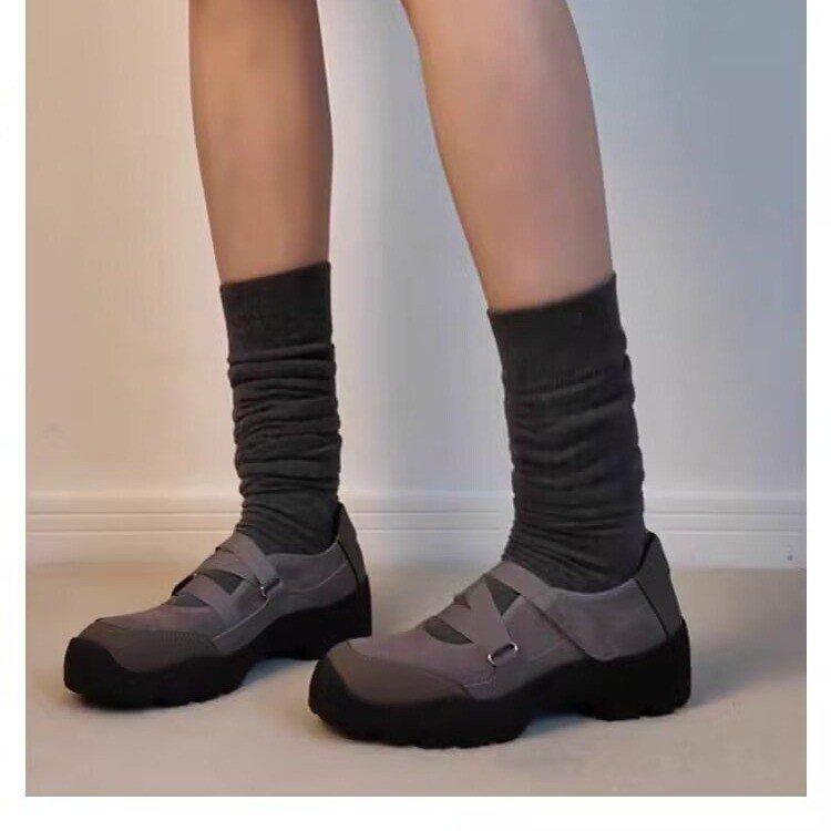 Sheepskin version~ retro Velcro round head Mary Jane shoes children's light mouth thick heel single shoes platform casual sports shoes