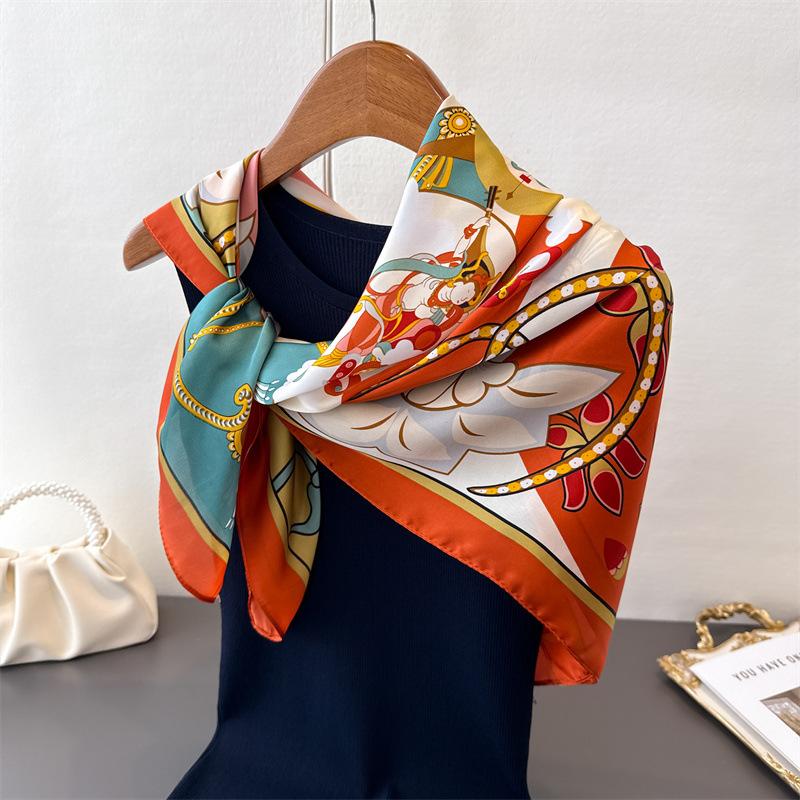 New cartoon emulated silk printed silk scarf shawl neck protection scarf decorative luxury women's scarf