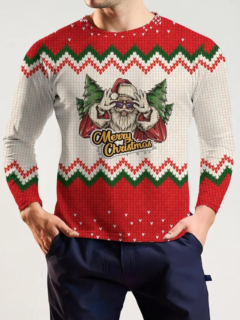 T-Shirts for Man Christmas Santa Claus 3D Print Casual Men's Long Sleeve Tee Pullover Crew Neck Y2k Tops Autumn Men's Clothing