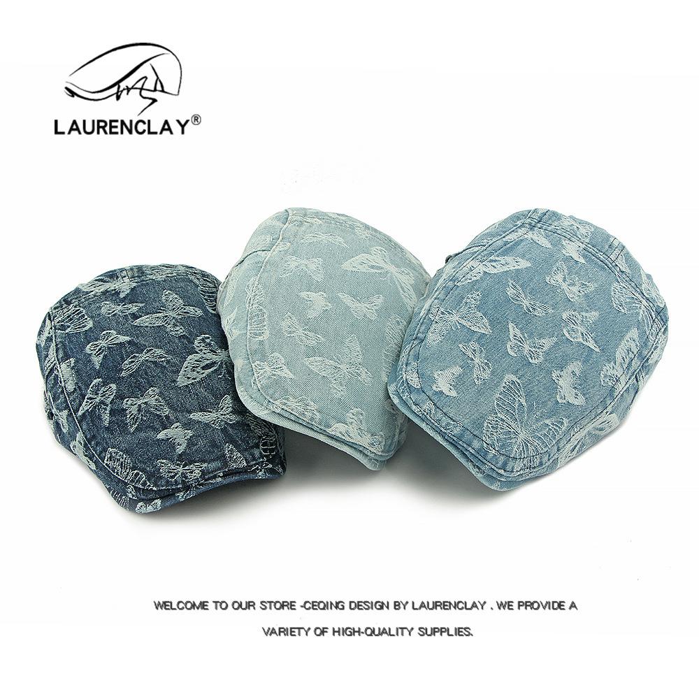 

Washed denim beret women s British retro forward hat casual sun protection visor hat jacquard butterfly cap Adjustable темно-синього кольору