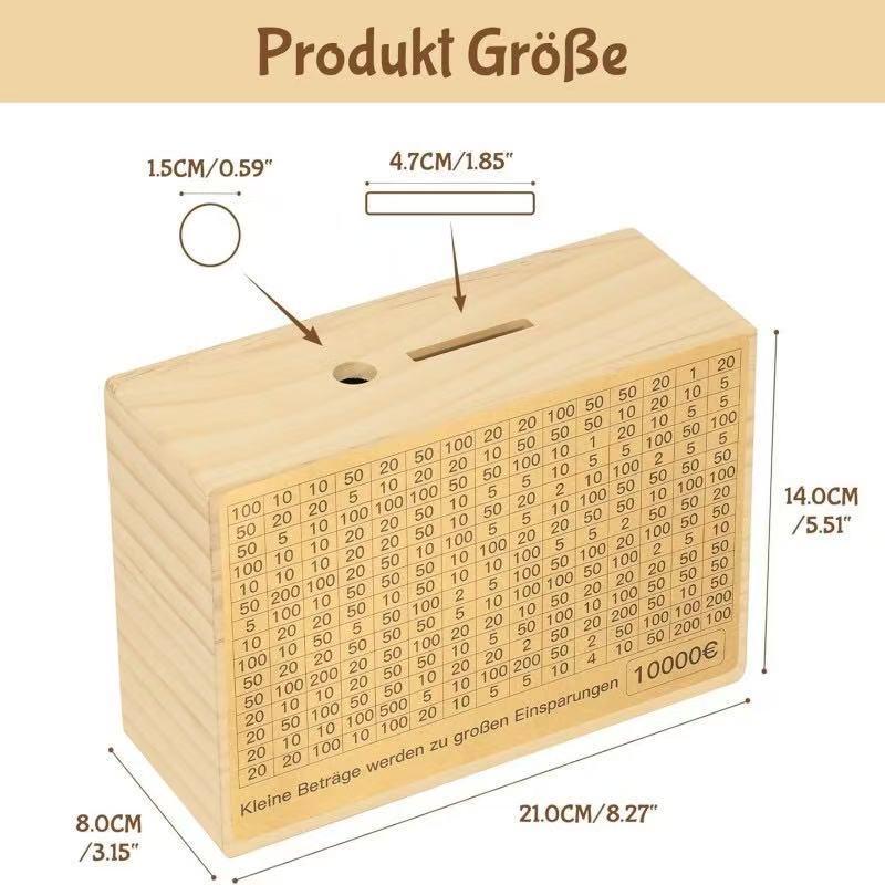 Reusable Wooden One-Piece Piggy Bank with 8 Compartments